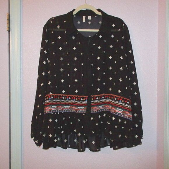 Vintage Y2K Sheer Mesh Embroidered Tunic Top Size XL Button Up Ruffle Whimsigoth - Picture 2 of 14